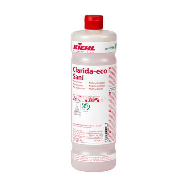 Sticla de plastic albă "Kiehl Clarida-eco Sani Sanitärreiniger" de la Johannes Kiehl KG are o capacitate de 1.000 ml, este inscripționată cu litere roșii și pictograme și poartă informații despre reciclare și siguranță pe etichetă.