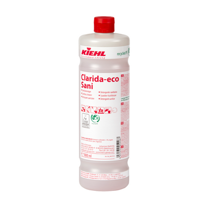 Sticla de plastic albă "Kiehl Clarida-eco Sani Sanitärreiniger" de la Johannes Kiehl KG are o capacitate de 1.000 ml, este inscripționată cu litere roșii și pictograme și poartă informații despre reciclare și siguranță pe etichetă.