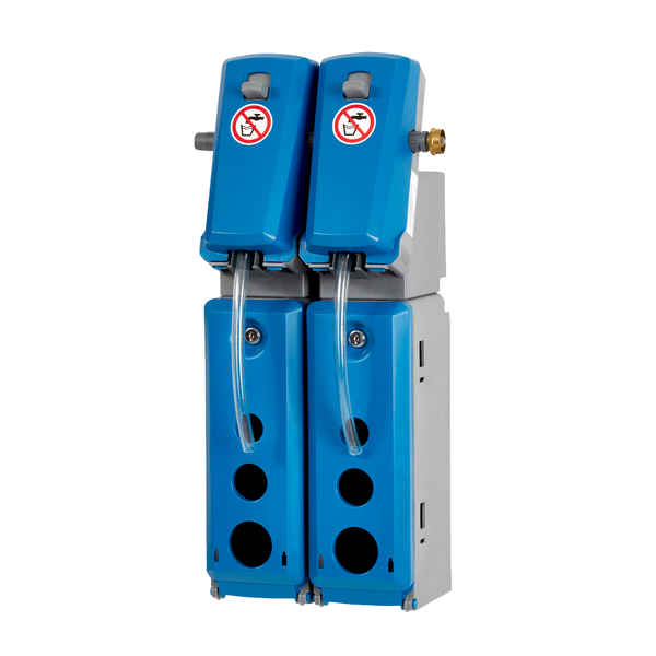 Johannes Kiehl KG DosiStation 2P-4 L este un distribuitor de perete albastru-gri cu două module și furtunuri transparente pentru dozarea a două produse în sticle - ideal pentru dozarea multiplă sau umplerea precisă a sticlelor.