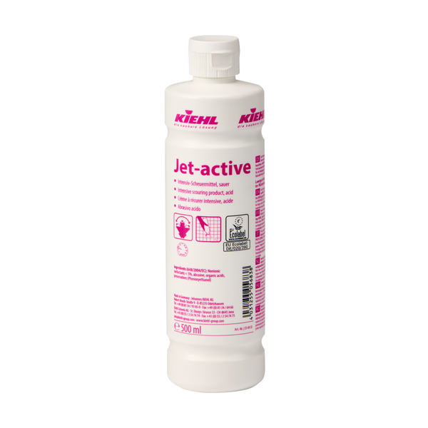 Kiehl Jet-active Intensiv-Scheuermittel, acid, de Johannes Kiehl KG, 500 ml, sticlă de plastic albă, cu text roz și atenționări de siguranță pe etichetă; potrivit pentru murdărie persistentă. Sticla are un capac alb. Disponibil în cutie de 12.