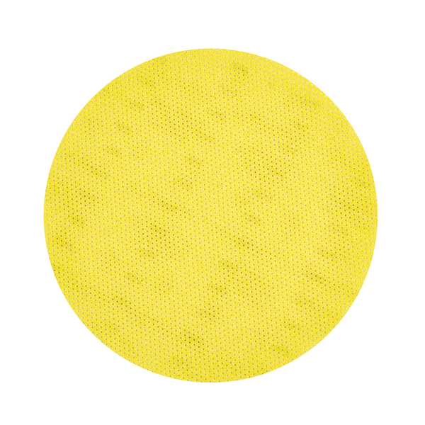 Ein großer, einfarbiger gelber Kreis mit einer subtilen gepunkteten Struktur - der an ein Kiehl Woodmaster-Pad Schleifpad rund Körnung 100 der Johannes Kiehl KG erinnert - füllt die Mitte eines weißen Hintergrunds.