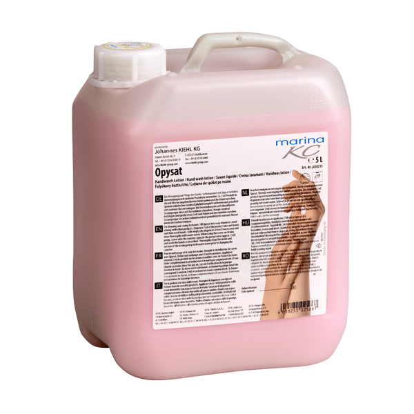 Într-un recipient de plastic roz de 5 litri cu capac alb, inscripționat în mai multe limbi, se află loțiunea de spălat pe mâini Kiehl Opysat de la Johannes Kiehl KG, un săpun neutru pentru pH pentru curățarea delicată a mâinilor.