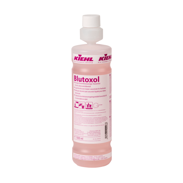 O sticlă de 1 litru de Kiehl Blutoxol Concentrat lichid de detergent dezinfectant pentru domeniul alimentar de la Johannes Kiehl KG, un dezinfectant roz cu capac de siguranță pentru copii și instrucțiuni și avertismente multilingve pe etichetă.