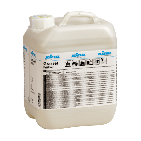 Un recipient de plastic de 5 litri de la Kiehl Grasset Degresant de grăsimi de la Johannes Kiehl KG, un degresant puternic pentru grăsimi de bucătărie cu capac alb și instrucțiuni detaliate și simboluri pe eticheta frontală.