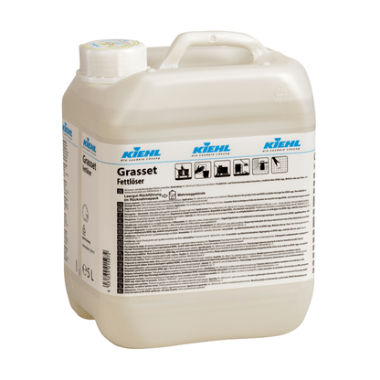 Un recipient de plastic de 5 litri de la Kiehl Grasset Degresant de grăsimi de la Johannes Kiehl KG, un degresant puternic pentru grăsimi de bucătărie cu capac alb și instrucțiuni detaliate și simboluri pe eticheta frontală.