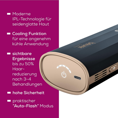 O prim-plan al dispozitivului IPL pentru îndepărtarea părului Beurer IPL 7800 COOL PRO de la Beurer GmbH în negru și auriu. Aparatul este prezentat dintr-o perspectivă care evidențiază butonul de pornire, funcția de răcire și modul „Auto-Flash”. Textul în germană din jurul dispozitivului descrie tehnologia sa modernă IPL și avantajele sale.