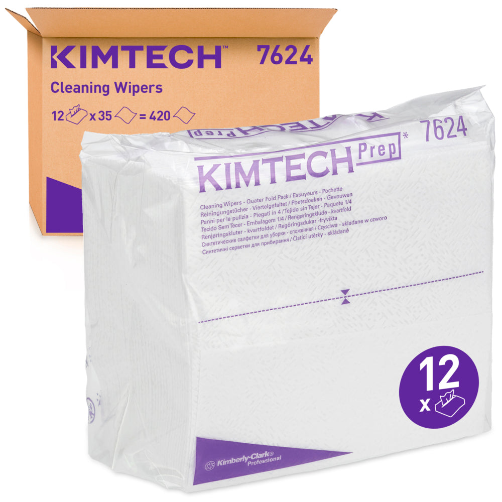 Eine Packung Kimtech® Pure Wischtücher, weiß, viertelgefaltet (12 x 35 Tücher) von Kimberly-Clark GmbH ist vor einem braunen Karton mit Markenlogo und Produktdetails abgebildet.