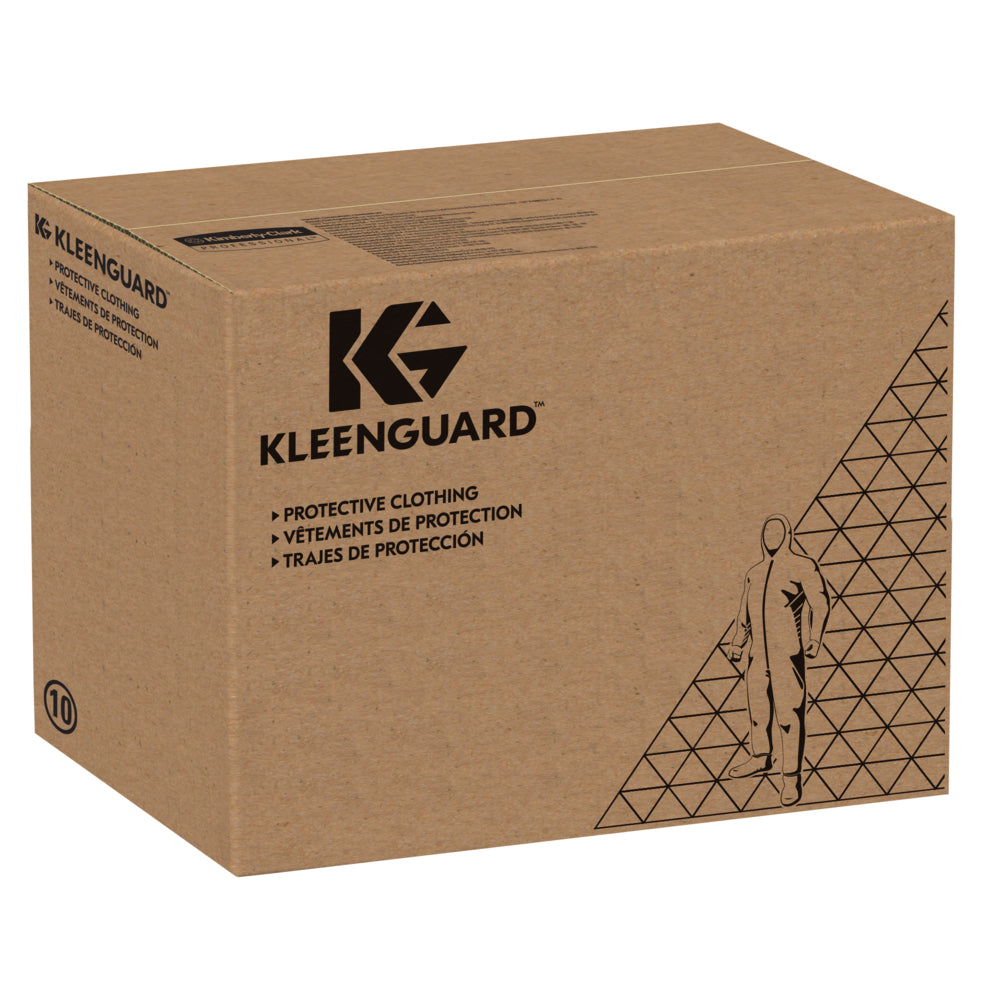 Eine braune Pappschachtel der Kimberly-Clark GmbH mit der Aufschrift "KleenGuard® A10 Leichte Haube" zeigt die Produktangaben in drei Sprachen und eine Illustration. Der Karton enthält 1000 weiße Einweghauben mit Gummizug (Mobcaps) in Universalgröße.