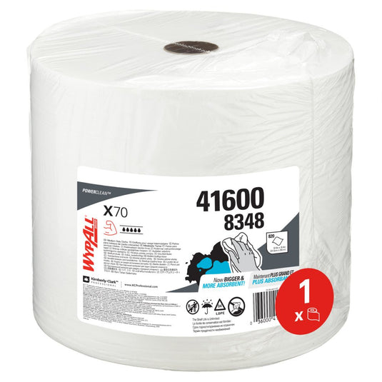 Rola mare WypAll® X70 PowerClean, de culoare albă, de la Kimberly-Clark GmbH (1 rolă x 870 de foi, nr. art. 41600 8348) este ambalată într-un ambalaj din plastic transparent și este ideală pentru curățenia industrială.