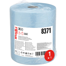 Die WypAll® X60 General Clean Großrolle in Blau von Kimberly-Clark GmbH (1 Rolle x 500 Tücher) ist plastikverpackt, trägt die Nummer 8371, Produktinfos und Icons - ideal für professionelle Reinigung; Etikett mit rotem Kreis "1 x".