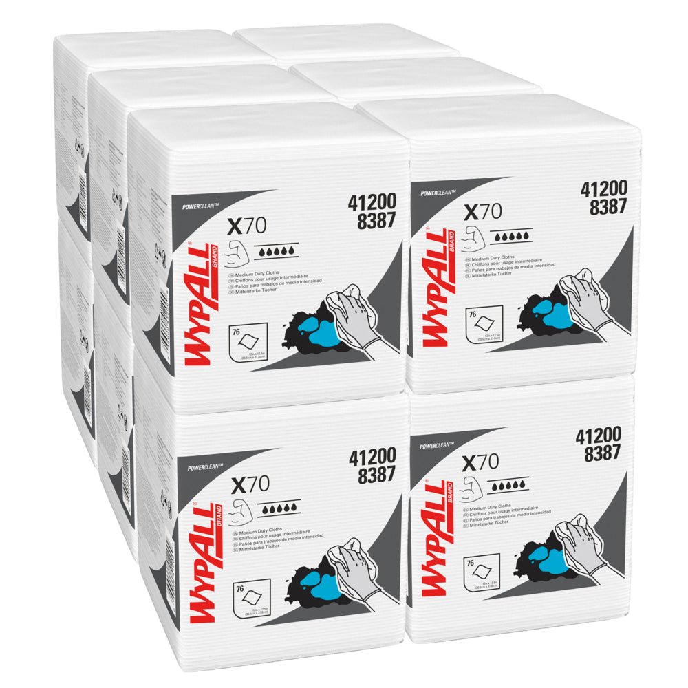Șase pachete stivuite de șervețele de curățare WypAll® X70 PowerClean (împăturite în sferturi, alb, 12 pungi x 76 șervețele) de la Kimberly-Clark GmbH cu numele produsului, numărul 412008387 și o ilustrație a unei mâini în timpul utilizării.