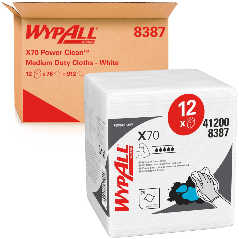 O cutie cu inscripția "Kimberly-Clark GmbH WypAll® X70 PowerClean - Împăturite în sferturi / Alb" conține 12 pungi cu 76 de foi de șervețele industriale albe, împăturite, cu detalii despre produs și simboluri de utilizare pe ambalaj.