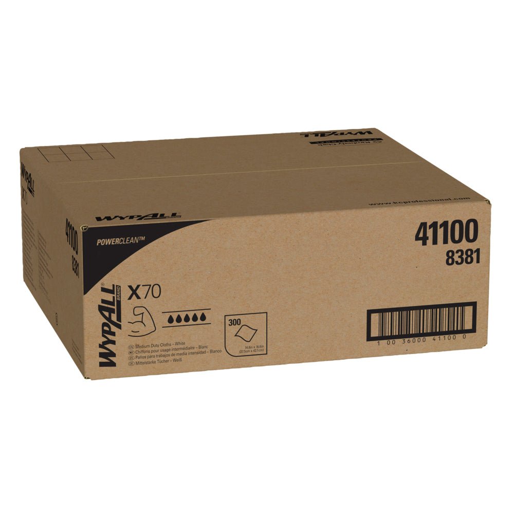 O cutie maro sigilată de la Kimberly-Clark GmbH WypAll® X70 PowerClean, Alb (numere de produs 41100, 8381), conține 300 de șervețele - ideale pentru curățare industrială. Carton (1 cutie).