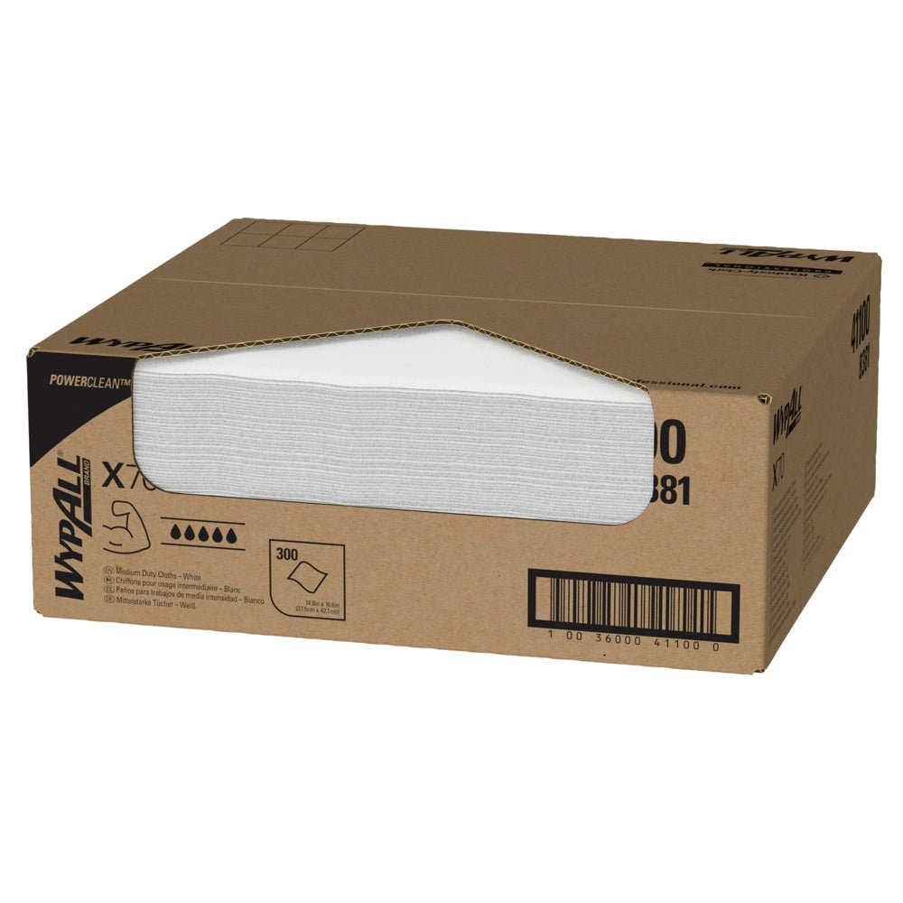 Un carton maro cu inscripția "WypAll® X70 PowerClean" de la Kimberly-Clark GmbH conține 300 de șervețele albe pentru curățare industrială, vizibile printr-o deschidere laterală. Codul de bare și detaliile produsului sunt imprimate pe carton.
