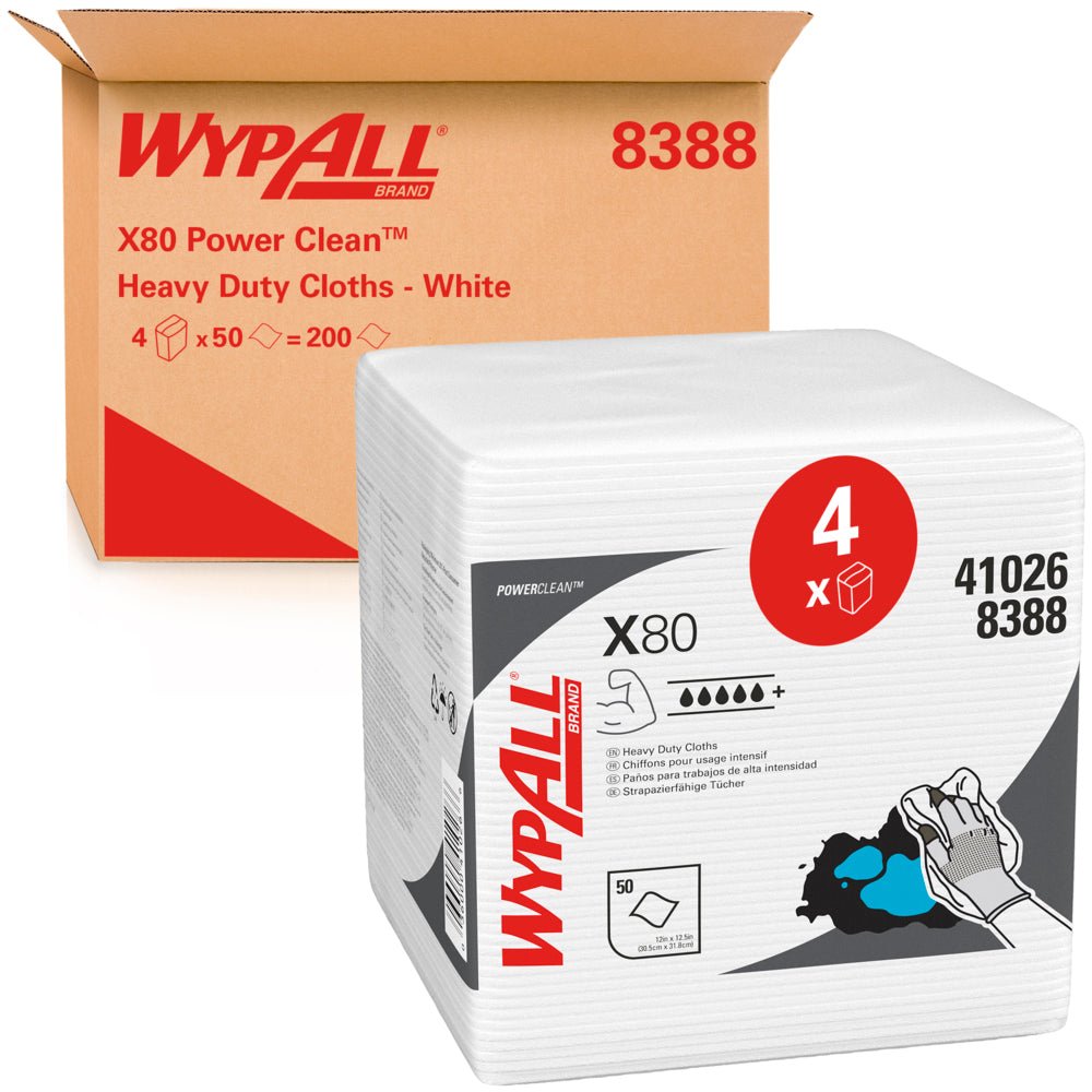 O cutie cu inscripția "WypAll® X80 PowerClean - Pliat în sferturi / Alb - 4 Pungi x 50 Foi | Cutie (4 pungi)" de la Kimberly-Clark GmbH este în spatele unui teanc de șervețele de curățare cu simboluri de utilizare și grafice de curățare industrială pe ambalajul său.