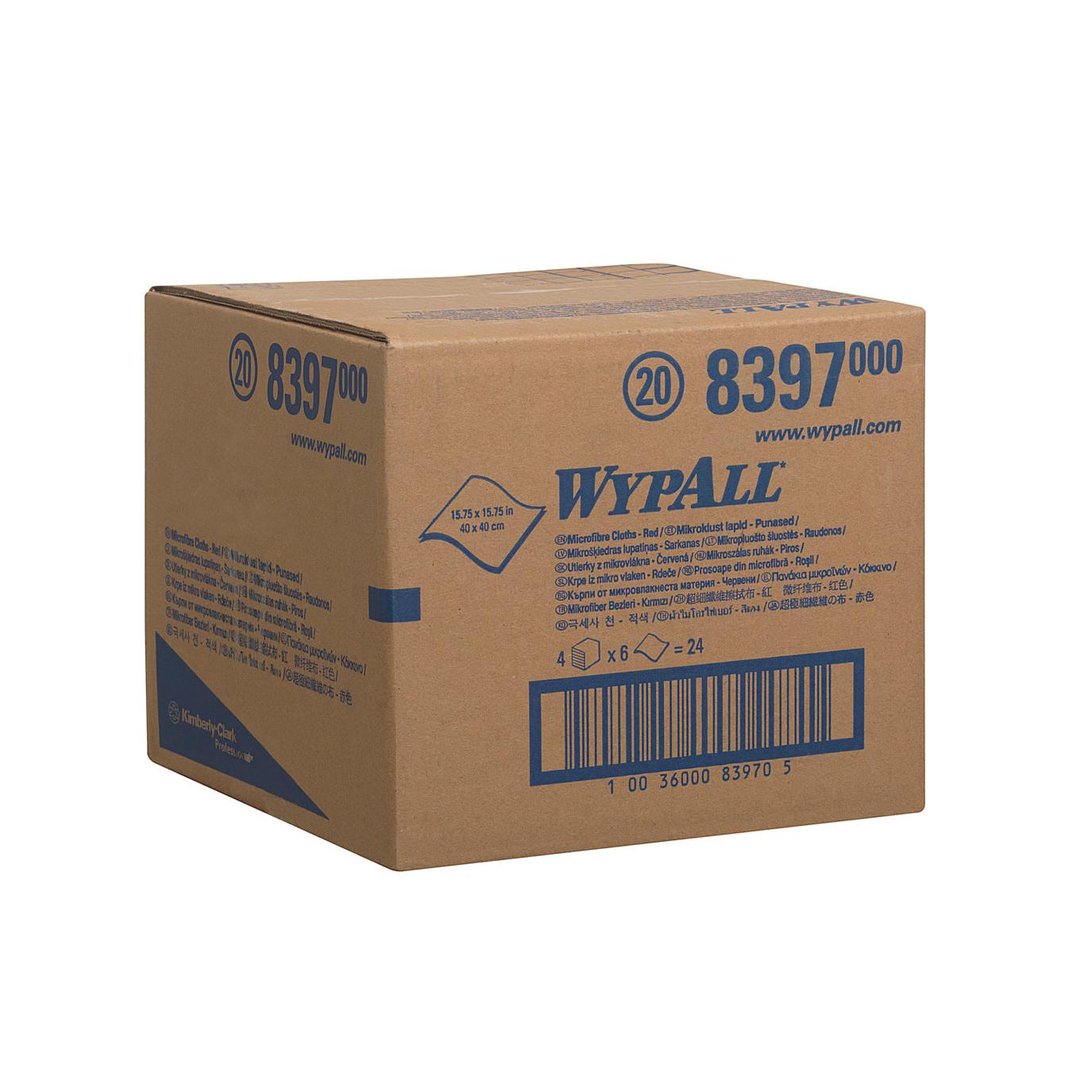 Ein brauner Karton mit der Aufschrift "WypAll" (Kimberly-Clark GmbH) und der Produktnummer 8397 enthält WypAll® Mikrofasertücher - flaches Tuch 40 x 40 cm. Die versiegelte Schachtel zeigt blau gedruckte Details, sichtbare Abmessungen und einen Barcode.