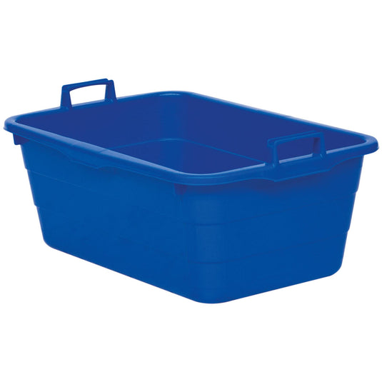 O cadă din plastic albastră Novocal (90 de litri, 750 x 490 x 310 mm) cu două mânere, câte una pe fiecare latură scurtă. Cutia de depozitare robustă este goală și este prezentată pe un fundal alb. Marcă: Novocal.