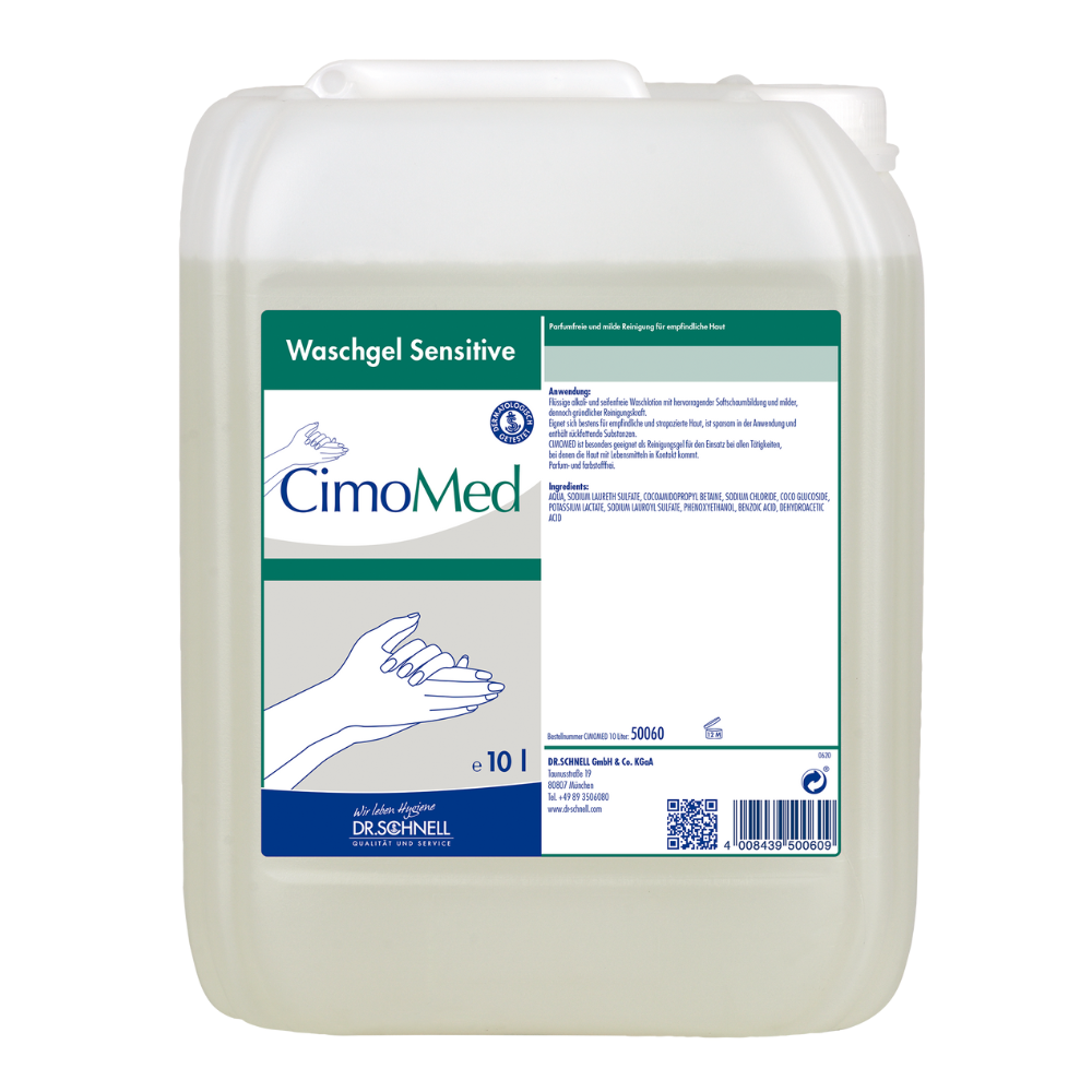 Un recipient transparent de 10L cu inscripția "Dr. Schnell CIMOMED Gel de spălat pe mâini, fără parfum și coloranți, pentru curățarea pielii" de la DR.SCHNELL GmbH & Co. KGaA cu imagini de mâini și instrucțiuni detaliate; ideal pentru pielea sensibilă.