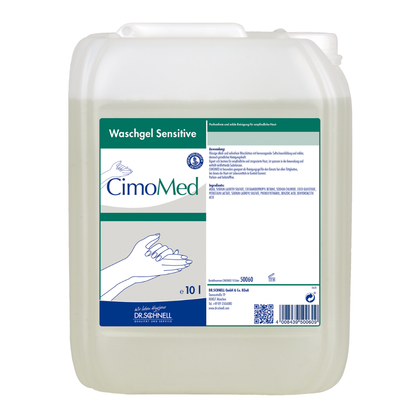 Un recipient transparent de 10L cu inscripția "Dr. Schnell CIMOMED Gel de spălat pe mâini, fără parfum și coloranți, pentru curățarea pielii" de la DR.SCHNELL GmbH & Co. KGaA cu imagini de mâini și instrucțiuni detaliate; ideal pentru pielea sensibilă.