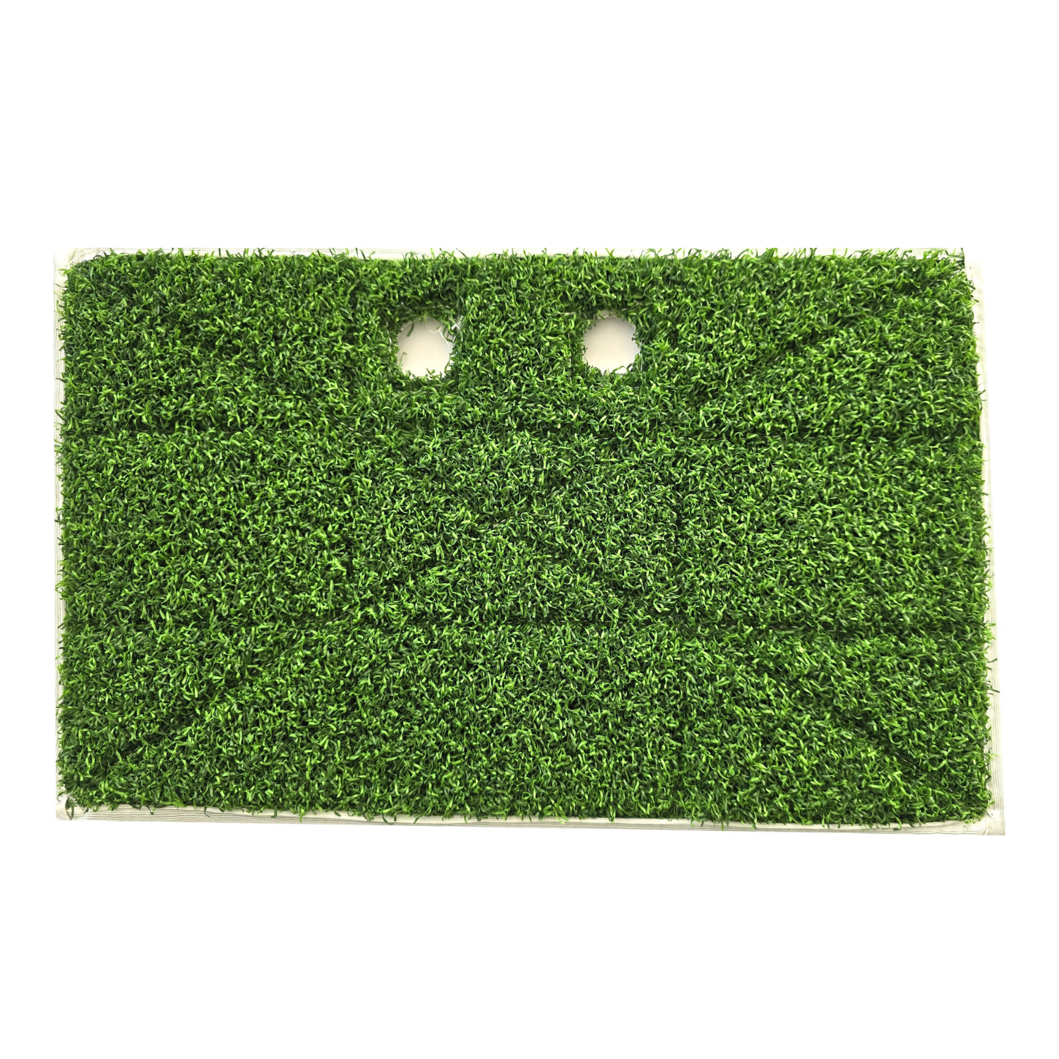 Das Numatic International GmbH Grasspad 390x230 mm, hergestellt aus künstlichem Rasen mit zwei runden Löchern nahe der Oberkante, ist ideal für moderne Innenraumgestaltung und wird vor einem weißen Hintergrund gezeigt.