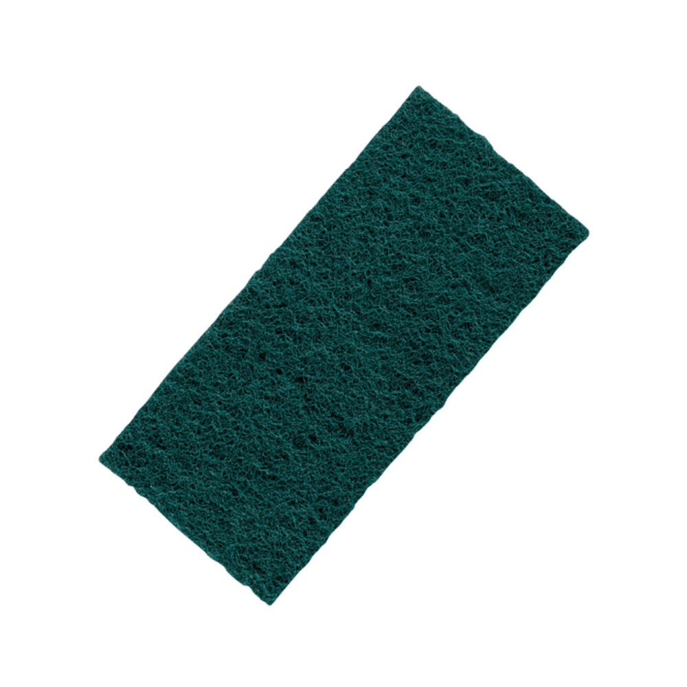 Kiehl Legno-Pad pătrat de Johannes Kiehl KG este un pad de frecat dreptunghiular, verde, cu o structură aspră și fibroasă, ideal pentru îngrijirea delicată a lemnului și curățarea eficientă a suprafețelor din lemn, ilustrat pe un fundal alb.