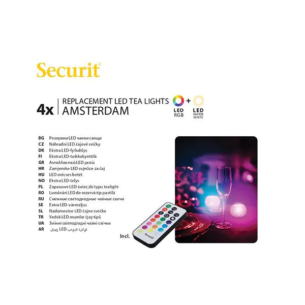 Papstar Pachet de reîncărcare Securit® cu 4 becuri LED Ø 4 cm x 5 cm „Amsterdam” timp de iluminare 12-40 ore