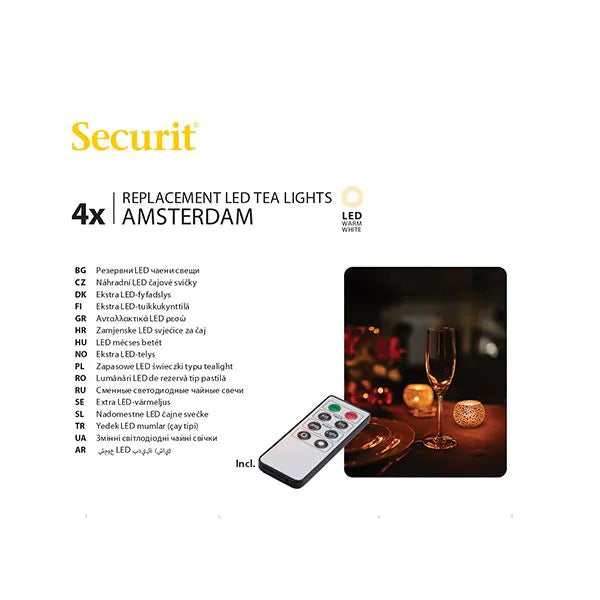 Papstar Pachet de reîncărcare Securit® cu 4 becuri LED Ø 4 cm x 5 cm „Amsterdam” timp de iluminare 12-40 ore