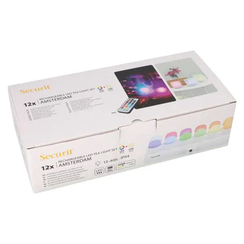 Papstar Securit® 12 LED-uri pentru ceai incl. stație de încărcare Ø 4 cm x 5 cm „Amsterdam” timp de iluminare 12-40 ore