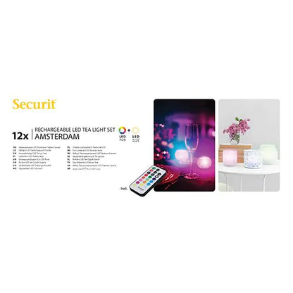 Papstar Securit® 12 LED-uri pentru ceai incl. stație de încărcare Ø 4 cm x 5 cm „Amsterdam” timp de iluminare 12-40 ore