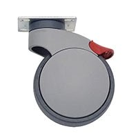 Roata pivotantă Novocal din plastic cu rulare ușoară și dublă oprire Ø 125 mm, ideală pentru cărucioare de îngrijire, dispune de o roată gri cu placă superioară plată și manetă de frână roșie. Marcă: Novocal. Imaginea este pe un fundal alb. Ambalaj: 1 bucată.