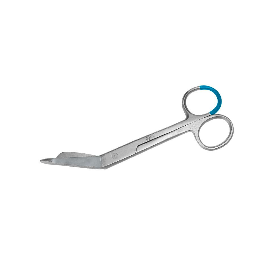 O foarfecă de bandaj Lister de 14,5 cm pentru o singură utilizare de la Servoprax GmbH, cu o combinație de lame metalice și mânere cu buclă. Bucla de prindere argintie, una dintre ele cu un strat albastru, asigură precizie. Lamele înclinate cu vârf rotunjit asigură o tăiere sigură și sunt astfel ideale pentru utilizarea ca instrument de unică folosință. Ambalate în seturi de câte 25 de bucăți.