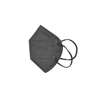 Eine MOONLEX FFP2 Maske von Altruan, 5-lagig, CE2890-zertifiziert und einzeln foliert, wird in Schwarz mit Ohrschlaufen vor weißem Hintergrund präsentiert und zeigt Form sowie Struktur.