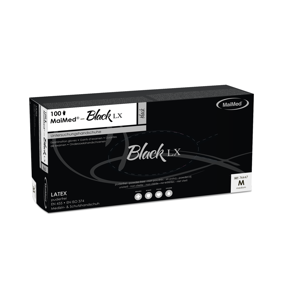 Mănuși de examinare din latex de unică folosință MaiMed-Black LX PF, fără pudră, 100 bucăți/cutie