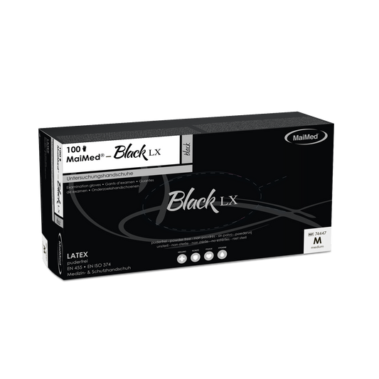 Mănuși de examinare din latex de unică folosință MaiMed-Black LX PF, fără pudră, 100 bucăți/cutie