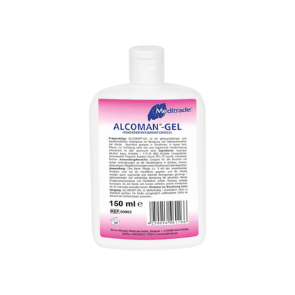 O sticlă de 150 ml de gel dezinfectant pentru mâini Meditrade Alcoman® Gel, un gel dezinfectant pentru mâini de culoare roz de la Meditrade GmbH. Eticheta de pe spate afișează ingrediente și instrucțiuni de utilizare cu scris negru pe un fundal alb.