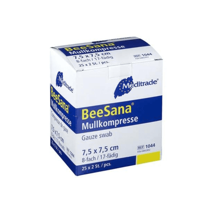 O cutie de comprese de tifon Meditrade BeeSana®, simplu sterile, tampoane de tifon de 8 straturi de la Meditrade GmbH, dimensiunea 7,5 x 7,5 cm, cu ambalaj alb-albastru cu text în