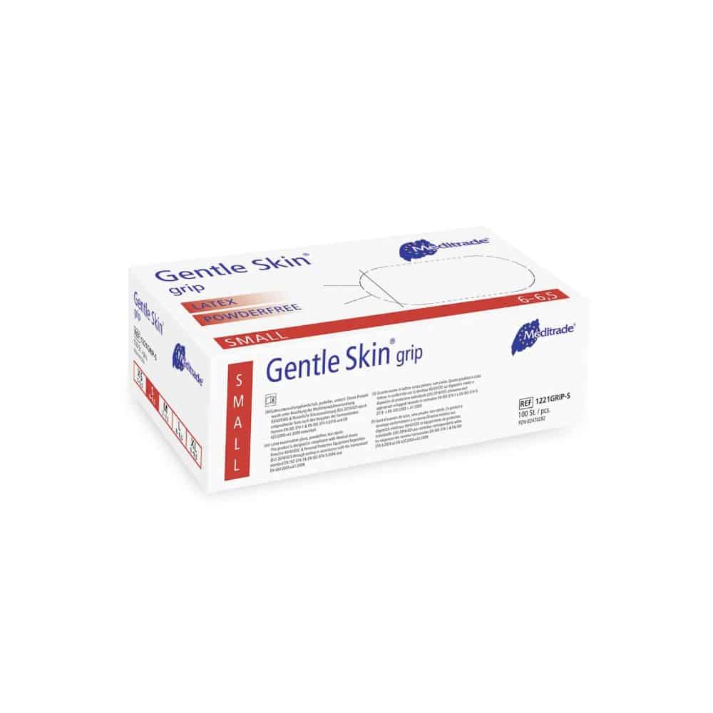 O cutie sigilată, dreptunghiulară, cu mănuși medicale Meditrade Gentle Skin® Grip Latex de examinare, mărimea S, cu informațiile despre produs și logo-ul Meditrade GmbH. Cutia este