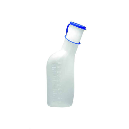 Sticla de urină pentru bărbați de la Meditrade GmbH este o sticlă din plastic transparent cu capac albastru și mâner ergonomic. Are o capacitate de 1000 ml, marcaje de măsurare pe o parte și oferă o manipulare ușoară. Suportul pentru sticlă de urină este disponibil separat.