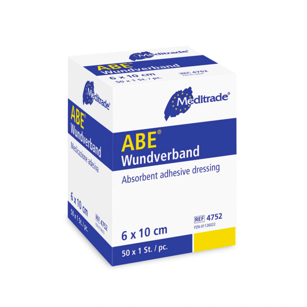 O cutie de Meditrade ABE® bandaj rapid absorbant, bandaj absorbant pentru răni cu dimensiunile de 6 x 10 cm, ambalat în 50 de bucăți pe cutie. Ambalajul este în principal alb cu albastru.