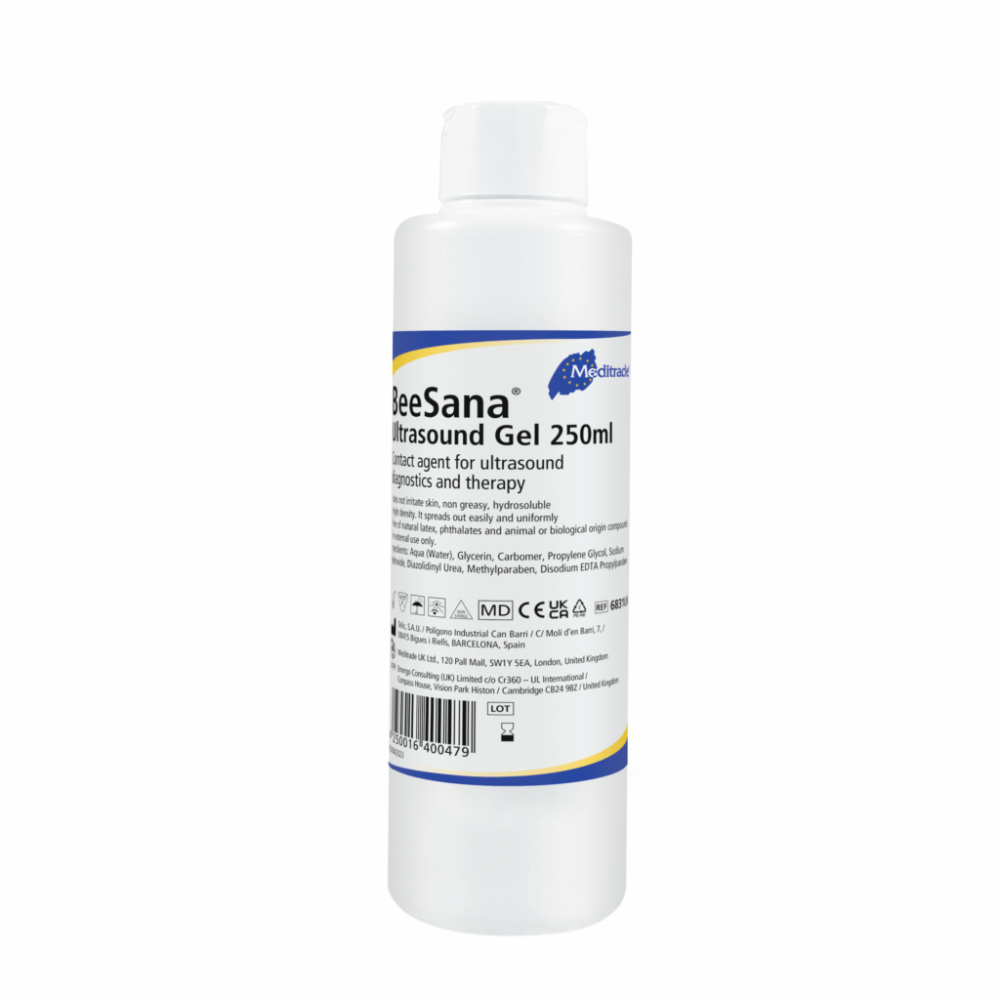 O sticlă de gel cu ultrasunete Meditrade BeeSana® Ultraschallgel, 250 ml, marcată ca lubrifiant pentru proceduri cu ultrasunete. Eticheta conține detalii despre produs și simboluri pentru conformitatea cu reglementările legale.