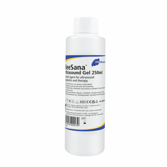 O sticlă de gel pentru ecografie Meditrade BeeSana®, 250 ml, etichetată ca lubrifiant pentru proceduri ecografice. Eticheta conține detalii despre produs și simboluri privind respectarea prevederilor legale.
