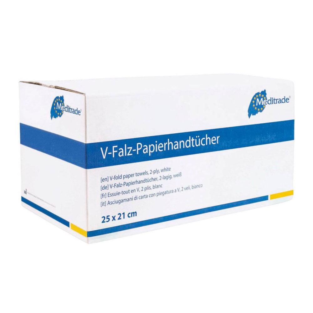 Eine weiß-blaue Schachtel Meditrade Falthandtücher V-Falz der Meditrade GmbH, die 15 Packungen 2-lagiger weißer Papiertücher im Format 25 x 21 cm enthält. Die Schachtel ist mehrsprachig beschriftet und weist auf ihre Eignung zur Durchführung der Händehygiene hin.