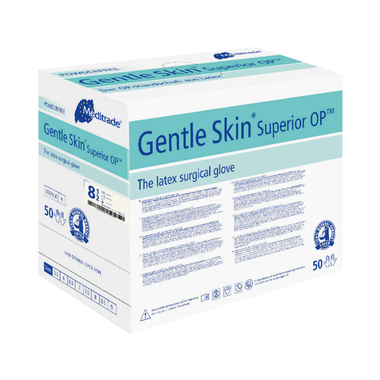 O cutie de mănuși chirurgicale din latex Meditrade Gentle Skin® Superior OP™, mărimea 8,5, conține 50 de perechi. Ambalajul este predominant alb și albastru cu informații detaliate despre produs. Această mănușă chirurgicală din latex este de la marca Meditrade GmbH.