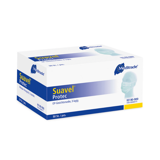 O cutie dreptunghiulară de măști Meditrade Suavel® Protec OP-Maske 50 de bucăți. Cutia este predominant albă cu detalii albastre și prezintă o imagine a unei persoane care poartă o mască. Conține 50 de măști chirurgicale (3 straturi) cu o eficiență ridicată de filtrare a bacteriilor și este marcată cu diverse texte și logo-uri ale Meditrade GmbH.