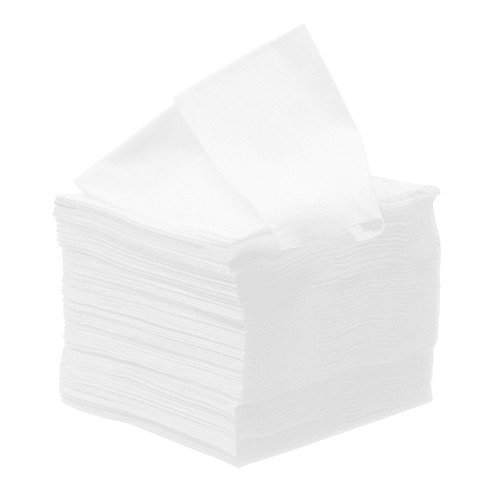 Un teanc de șervețele albe, pliate ordonat, de la Meditrade GmbH, una parțial scoasă, izolată pe un fundal alb.