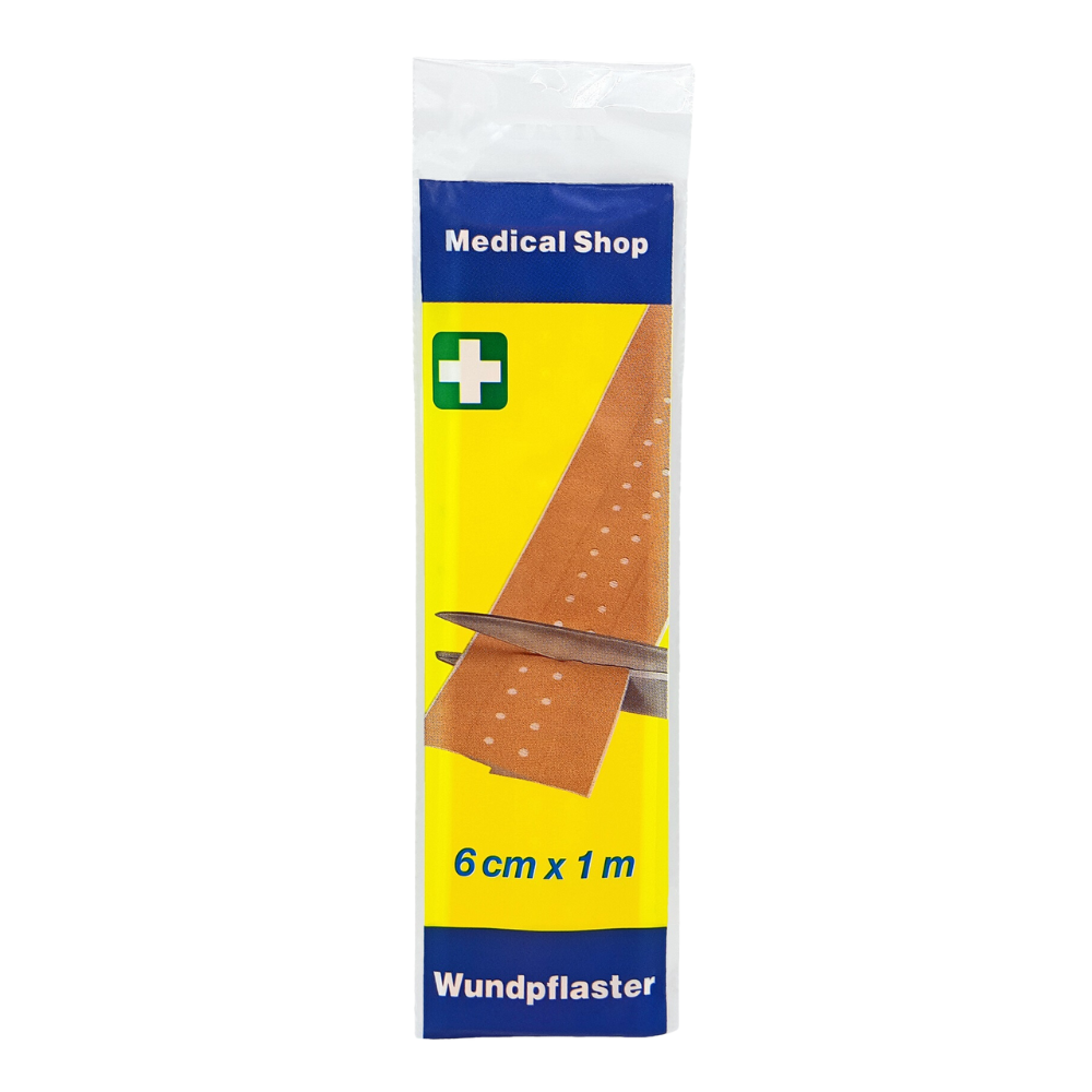 Imaginea prezintă un pachet de plasturi pentru răni „Medical Shop” de la Holthaus Medical GmbH & Co. KG, 6 cm x 1 m, plic rigid. Pe ambalaj este ilustrată o foarfecă care taie o bandă din plasturele „rigid”. Designul este albastru și galben, cu un simbol de cruce verde și inscripția „6 cm x 1 m”. Perfect pentru o îngrijire eficientă a rănilor.