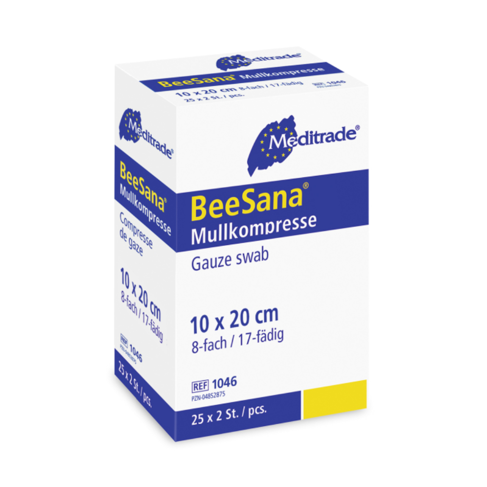 O cutie de comprese de tifon Meditrade BeeSana®, simplu sterile, tampoane sterile de tifon de 8 straturi, dimensiunea 10 x 20 cm cu 8 straturi și 17 fire. Meditrade GmbH.
