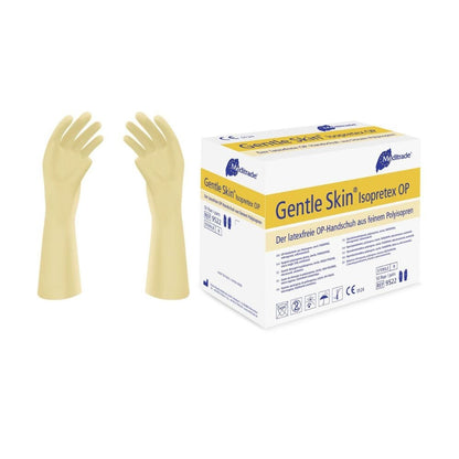 Două mănuși chirurgicale Meditrade Gentle Skin® Isopretex® de culoare bej, sterile și fără pudră, sunt expuse lângă o cutie. Cutia este etichetată în engleză și germană și subliniază proprietățile sterile și fără pudră ale mănușilor. Simbolurile subliniază compoziția fără latex și respectarea standardelor de siguranță.