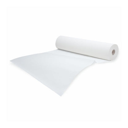 Un rulou Meditrade Rollicel® acoperire pentru mese, cu suprafața sa impecabil de albă și miezul gol, este parțial derulat pe un fundal alb și arată netezimea acestui produs de 50 cm x 50 m de la Meditrade GmbH.