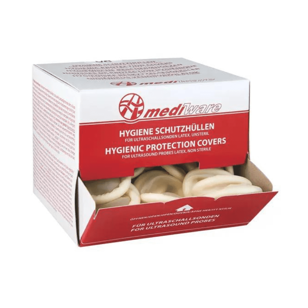 Eine Schachtel mit der Marke „Servoprax GmbH“ und der Aufschrift „Mediware Ultraschall-Schutzhüllen ohne Gleitmittel – ø 32 mm | Packung (144 Stück)“ enthält Schutzhüllen für Ultraschallsonden, die speziell für Rektal- und Vaginalsonden mit einem Durchmesser von 32 mm entwickelt wurden. In der geöffneten Schachtel sind mehrere unsterile Latex-Ultraschallsondenhüllen mit Beschriftungen in Deutsch und Englisch zu finden.